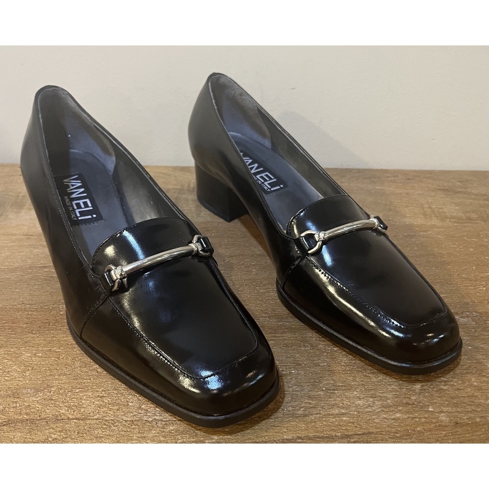 VTG Vaneli Made in Italy Black Patent Horsebit Square Toe Pumps Loafers 7M Y2K